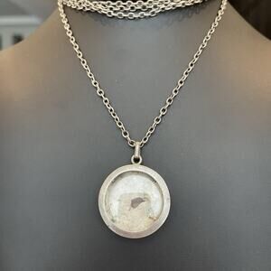 Antique Vintage Sterling Silver Round Glass Photo Locket With Chain READ